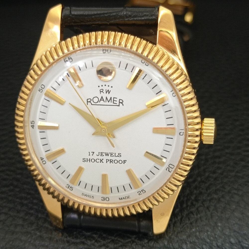 Vintage 1976 Roamer Manual Mens Gold Watch W/Leather Strap & White accents - Picture 3 of 9